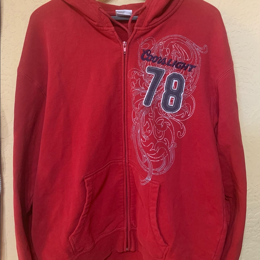 Coors Light red full zip up Hoodie M Sweatshirt Jacket Coors appliqué detail